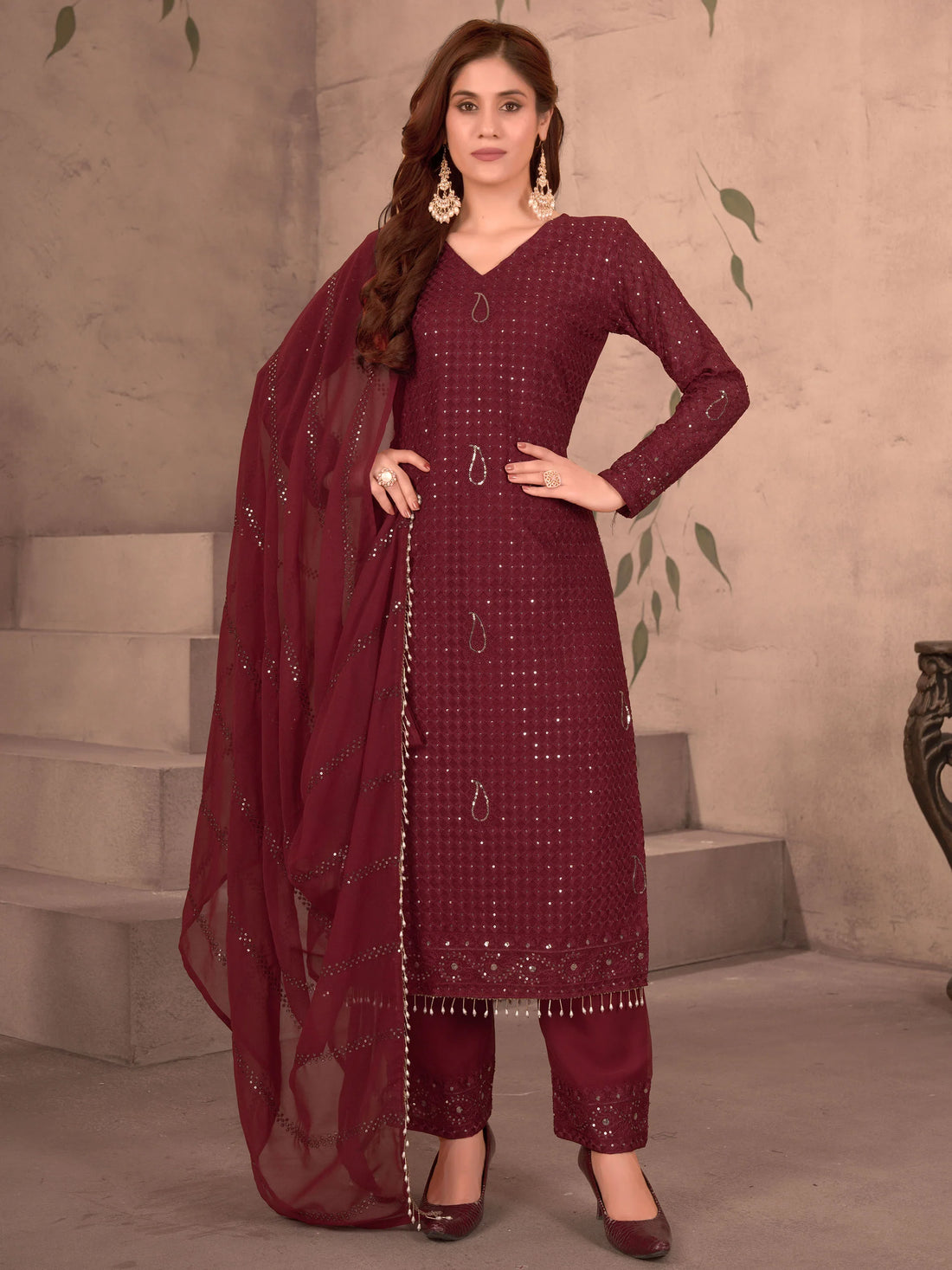Marvelous Maroon Sequins Georgette Traditional Pant Suit With Dupatta - Zeel Clothing