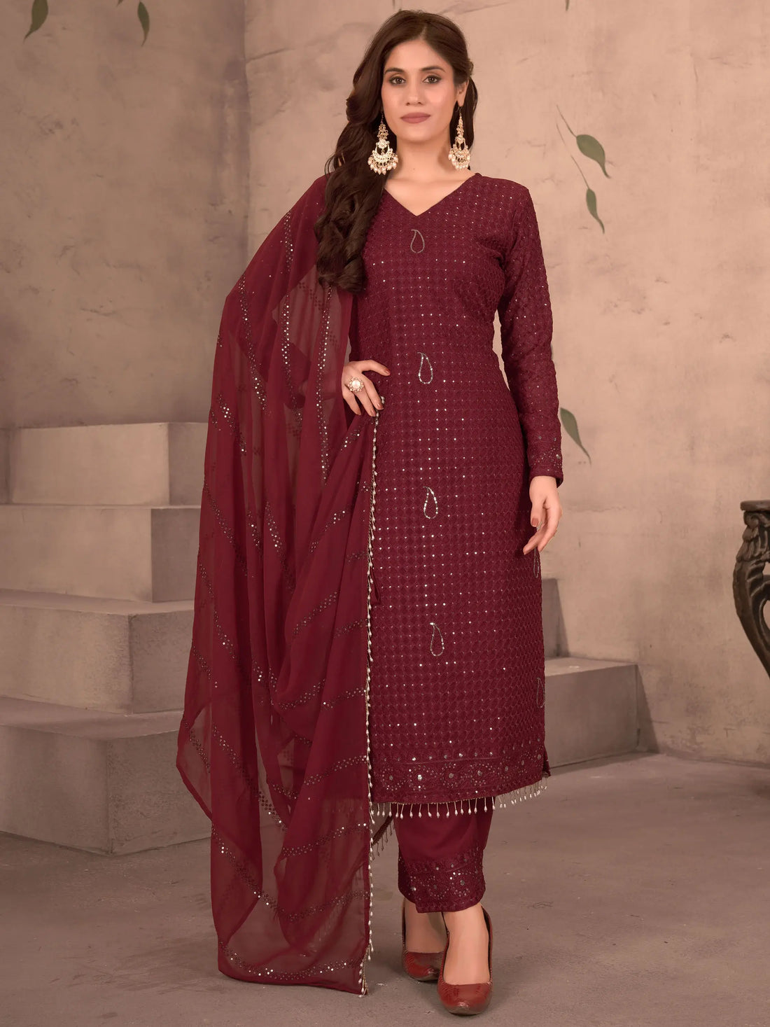 Marvelous Maroon Sequins Georgette Traditional Pant Suit With Dupatta - Zeel Clothing