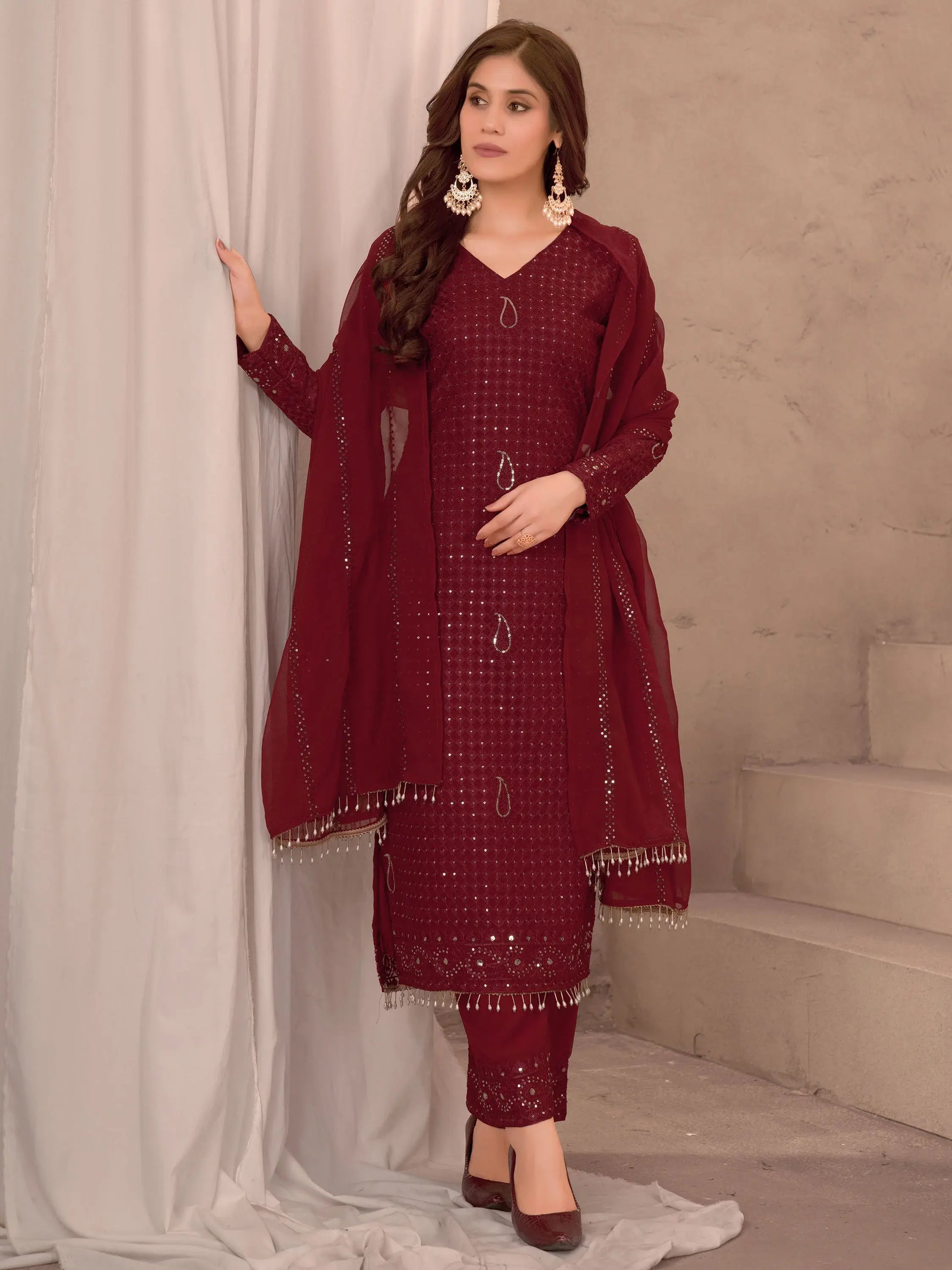 Marvelous Maroon Sequins Georgette Traditional Pant Suit With Dupatta - Zeel Clothing