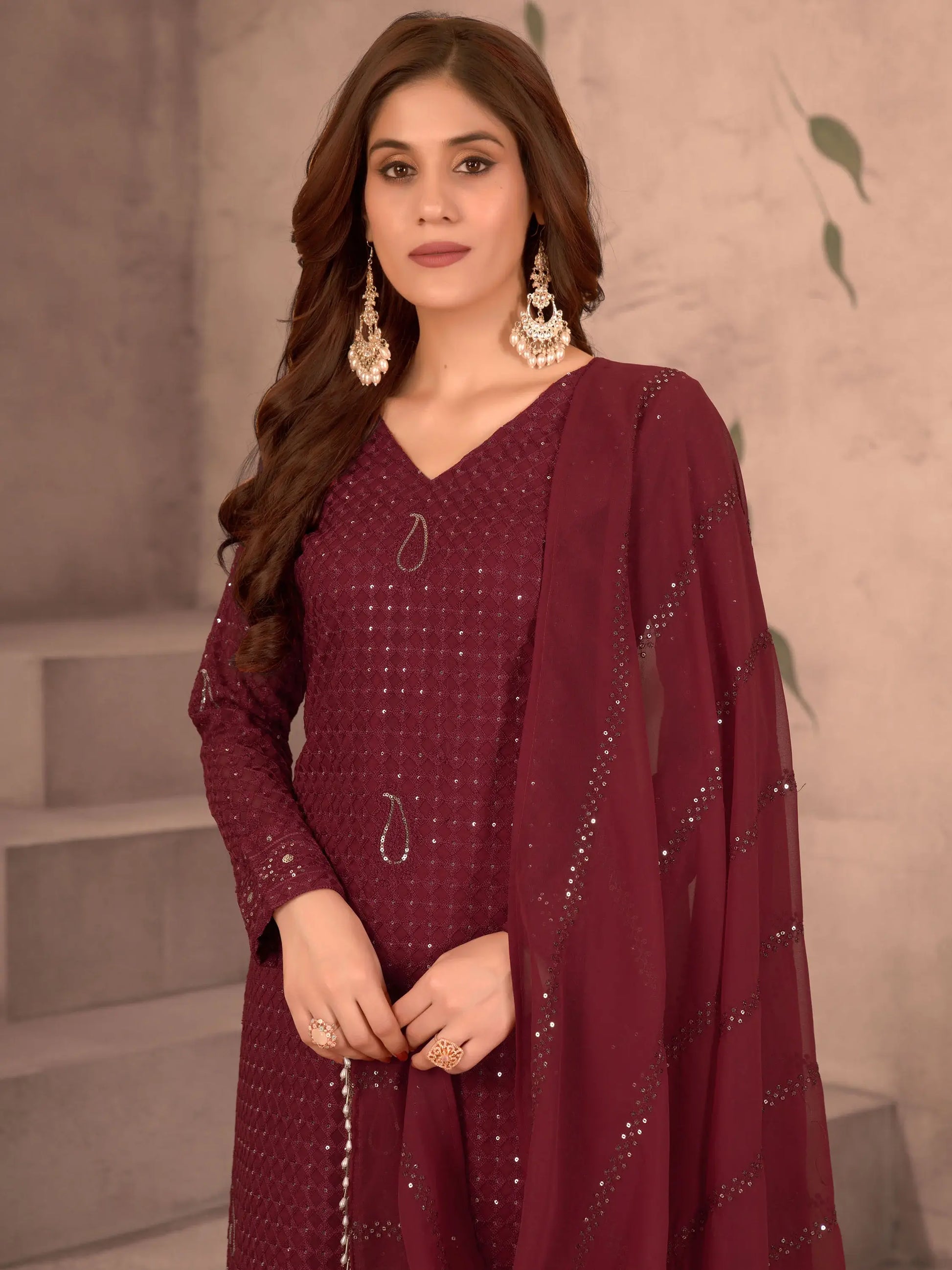 Marvelous Maroon Sequins Georgette Traditional Pant Suit With Dupatta - Zeel Clothing