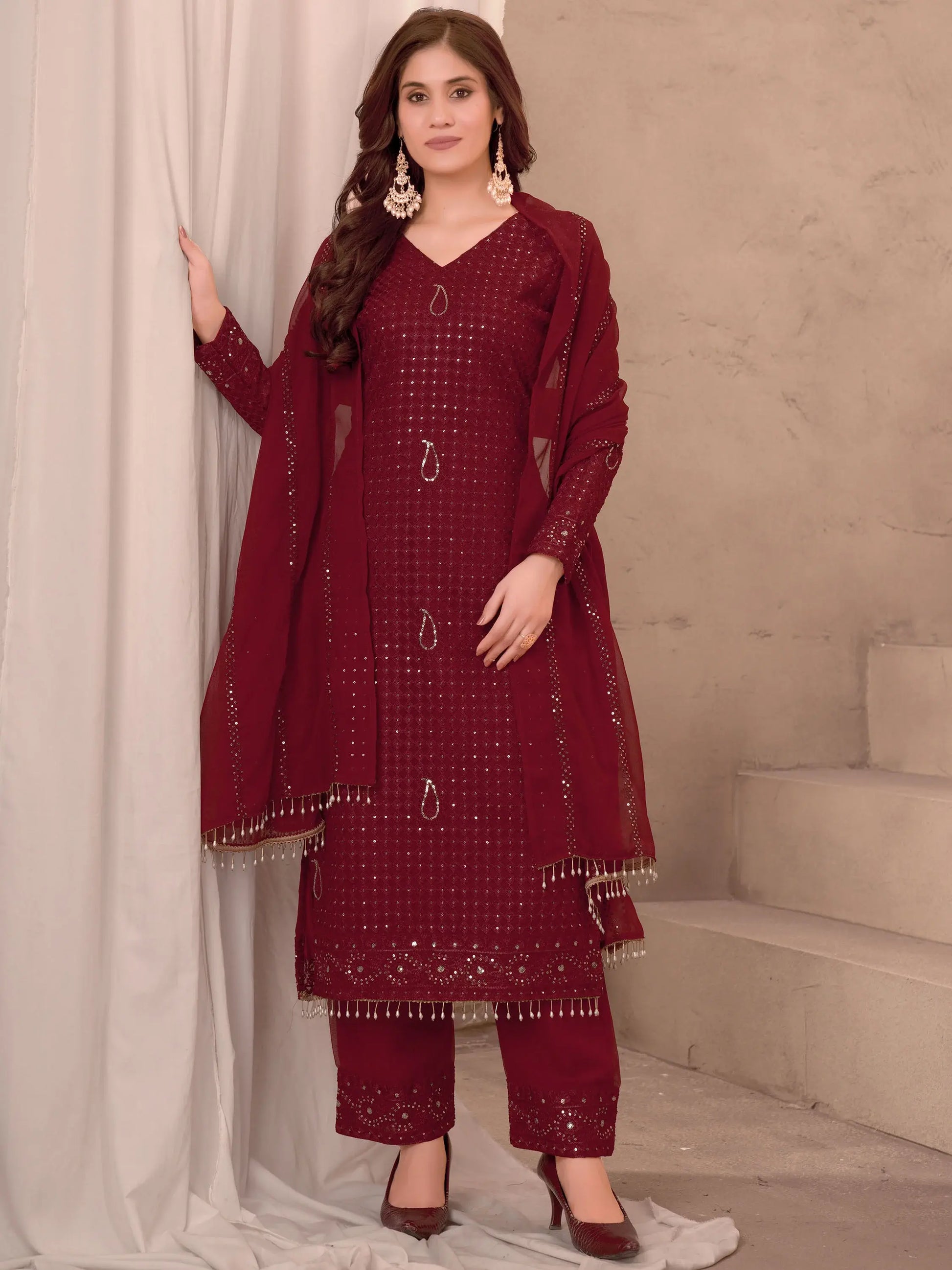 Marvelous Maroon Sequins Georgette Traditional Pant Suit With Dupatta - Zeel Clothing