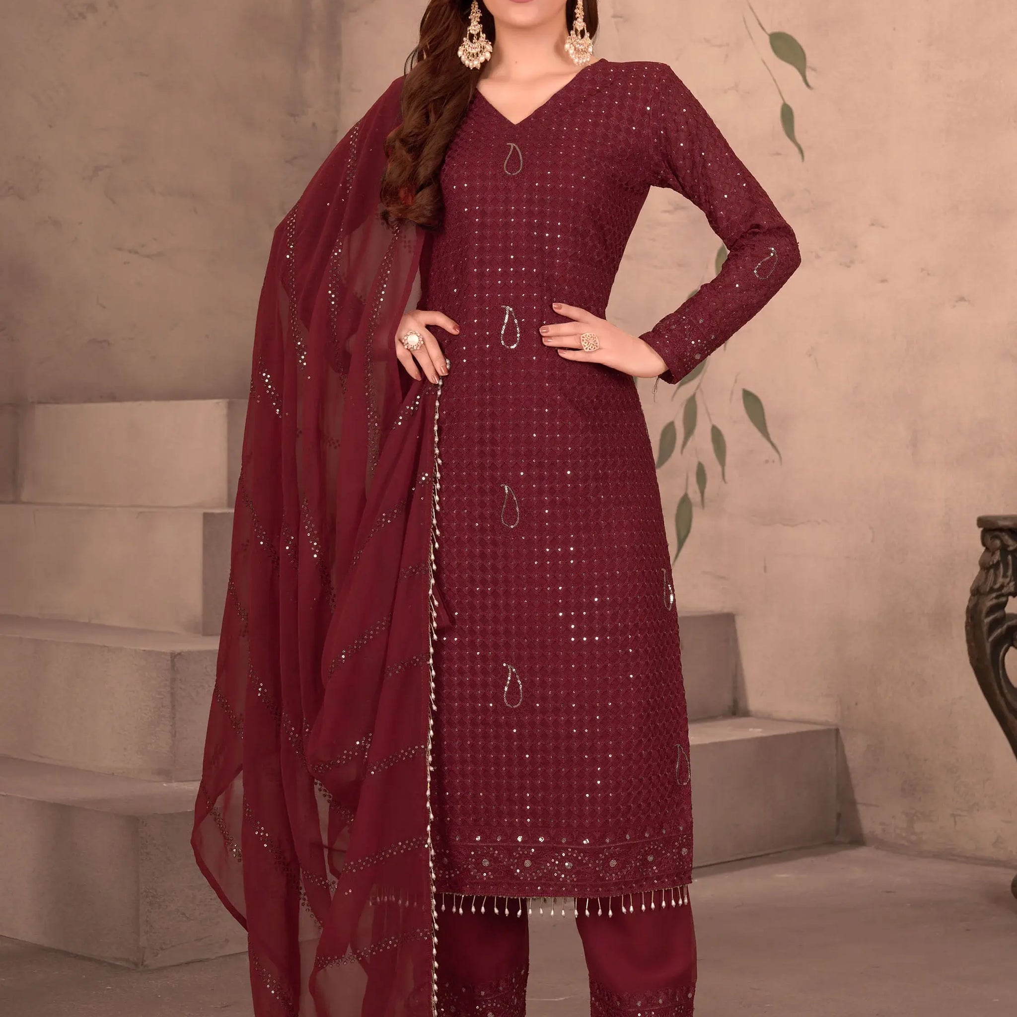 Marvelous Maroon Sequins Georgette Traditional Pant Suit With Dupatta - Zeel Clothing