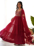 Marvelous Maroon Thread Work Georgette Wedding Wear Anarkali Gown With Dupatta