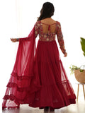 Marvelous Maroon Thread Work Georgette Wedding Wear Anarkali Gown With Dupatta