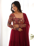 Marvelous Maroon Thread Work Georgette Wedding Wear Anarkali Gown With Dupatta