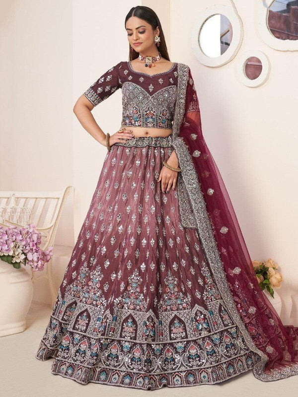 Marvelous Maroon Thread Work Satin Engagement Wear Lehenga Choli - Zeel Clothing