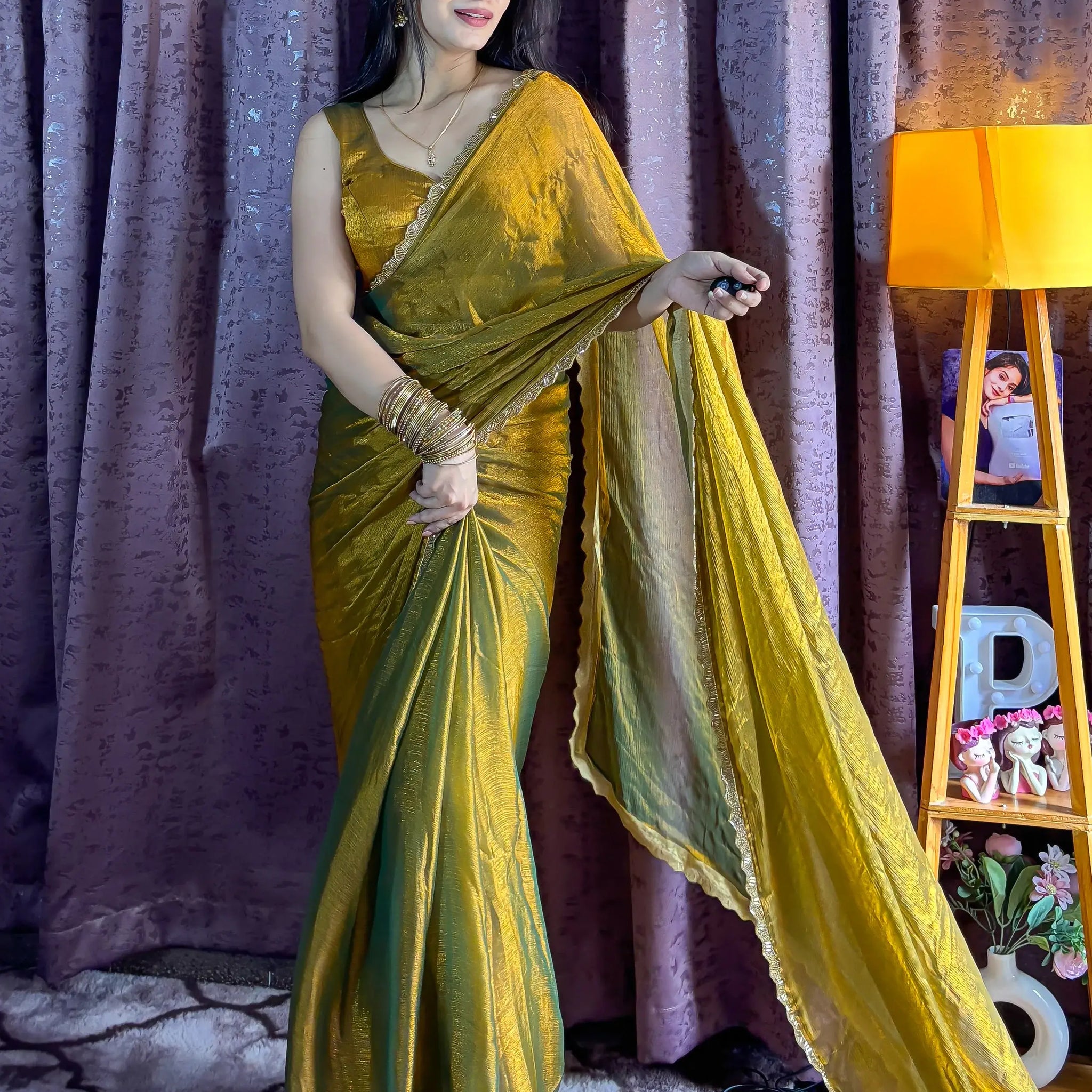 Marvelous Mehendi Two Tone Silk Festival Wear Saree With Blouse - Zeel Clothing