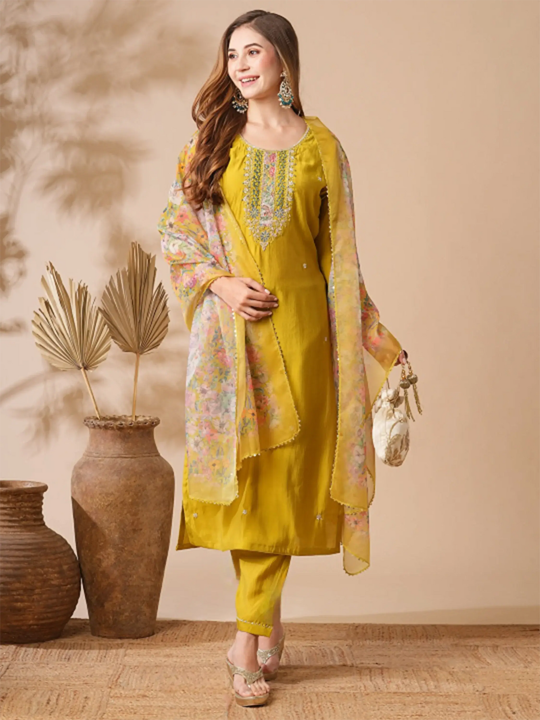 Marvelous Mustard Yellow Embroidery Silk Haldi Wear Pant Suit - Zeel Clothing