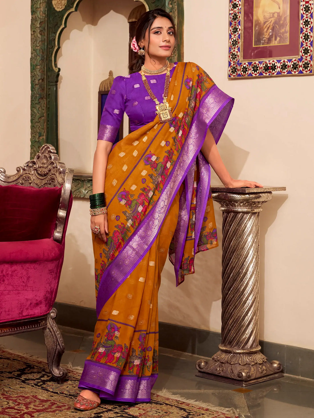 Marvelous Mustard Yellow Kalamkari Printed Cotton Festival Wear Saree - Zeel Clothing