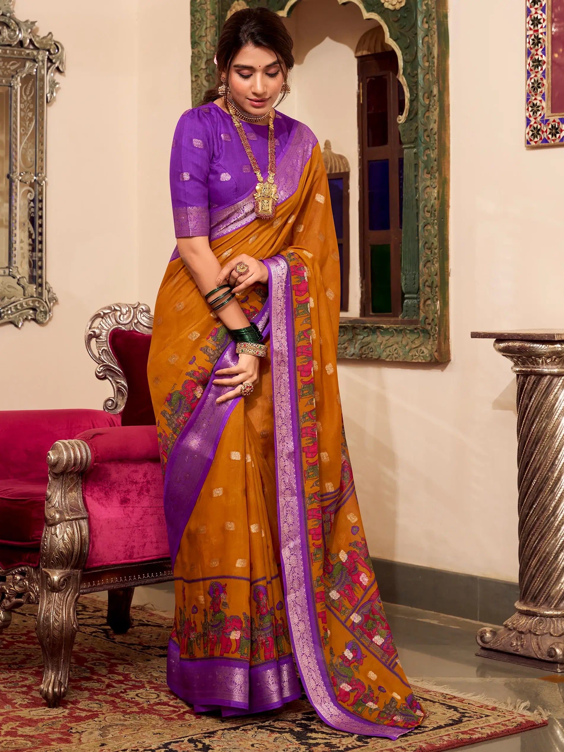 Marvelous Mustard Yellow Kalamkari Printed Cotton Festival Wear Saree - Zeel Clothing