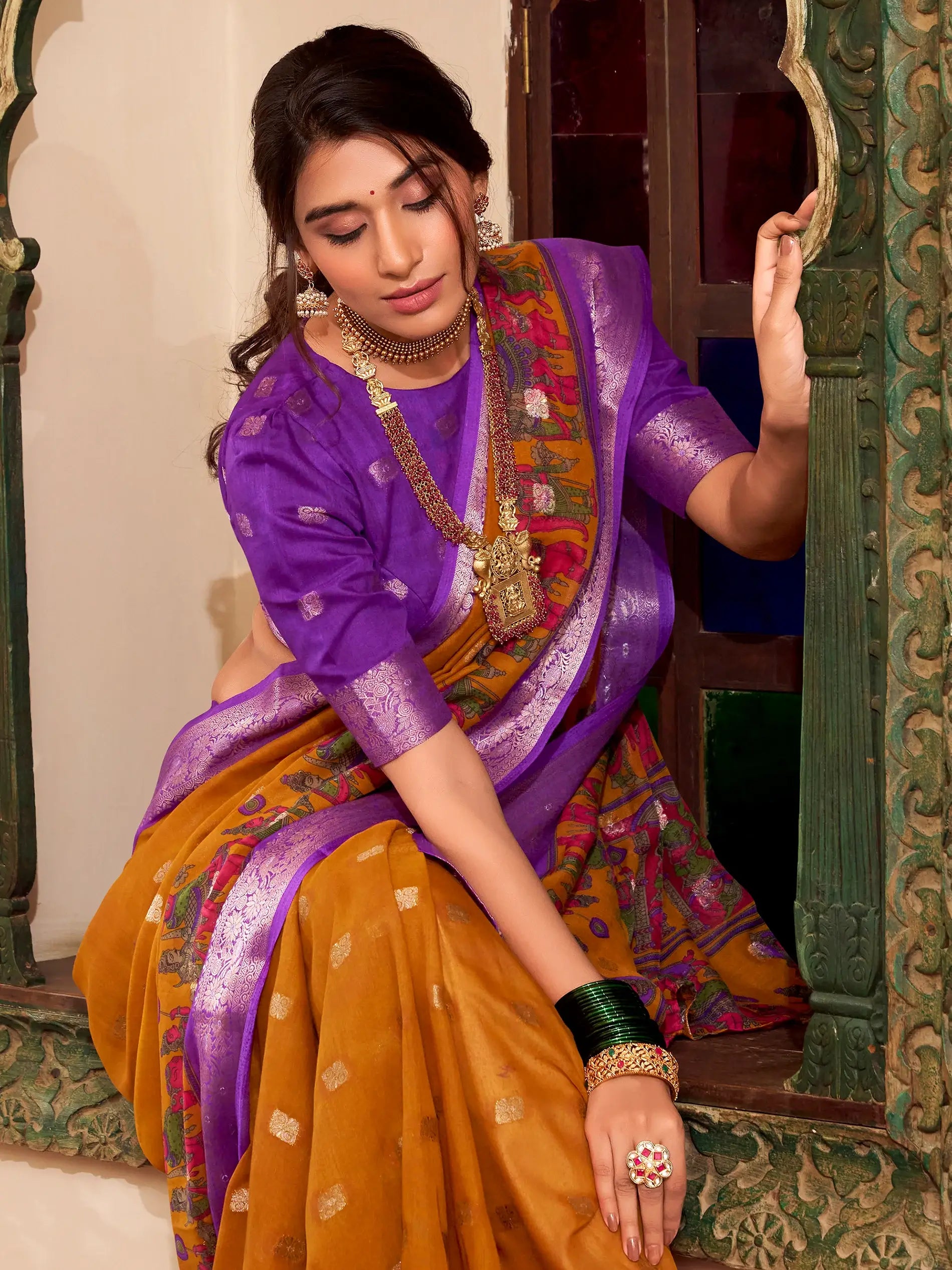 Marvelous Mustard Yellow Kalamkari Printed Cotton Festival Wear Saree - Zeel Clothing