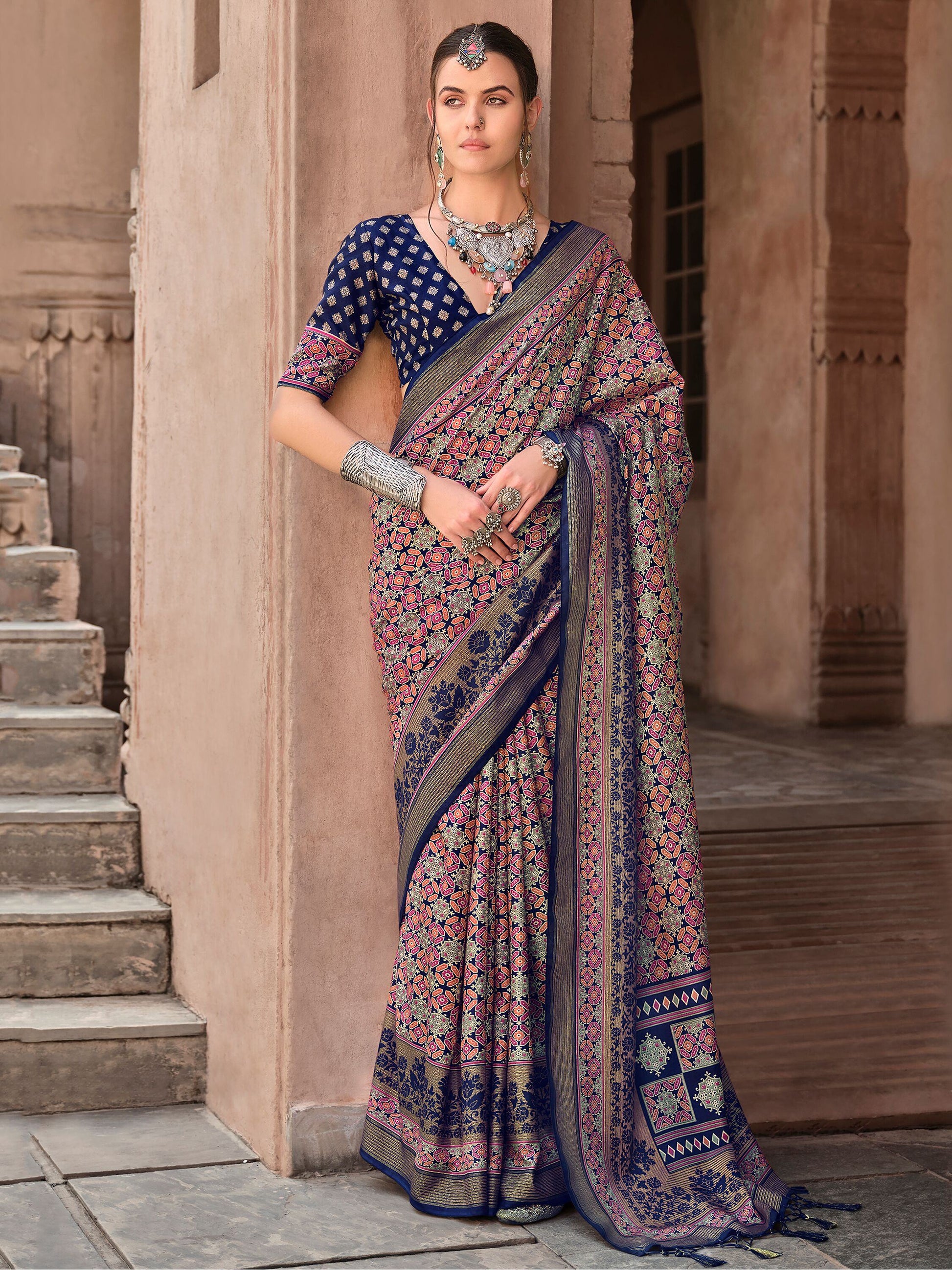 Marvelous Navy Blue Digital Printed Silk Event Wear Saree With Blouse - Zeel Clothing