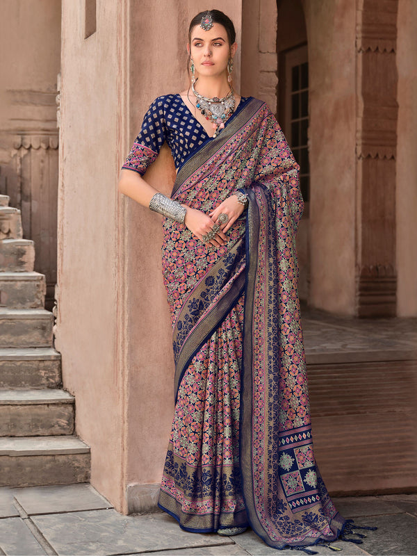 Marvelous Navy Blue Digital Printed Silk Event Wear Saree With Blouse - Zeel Clothing