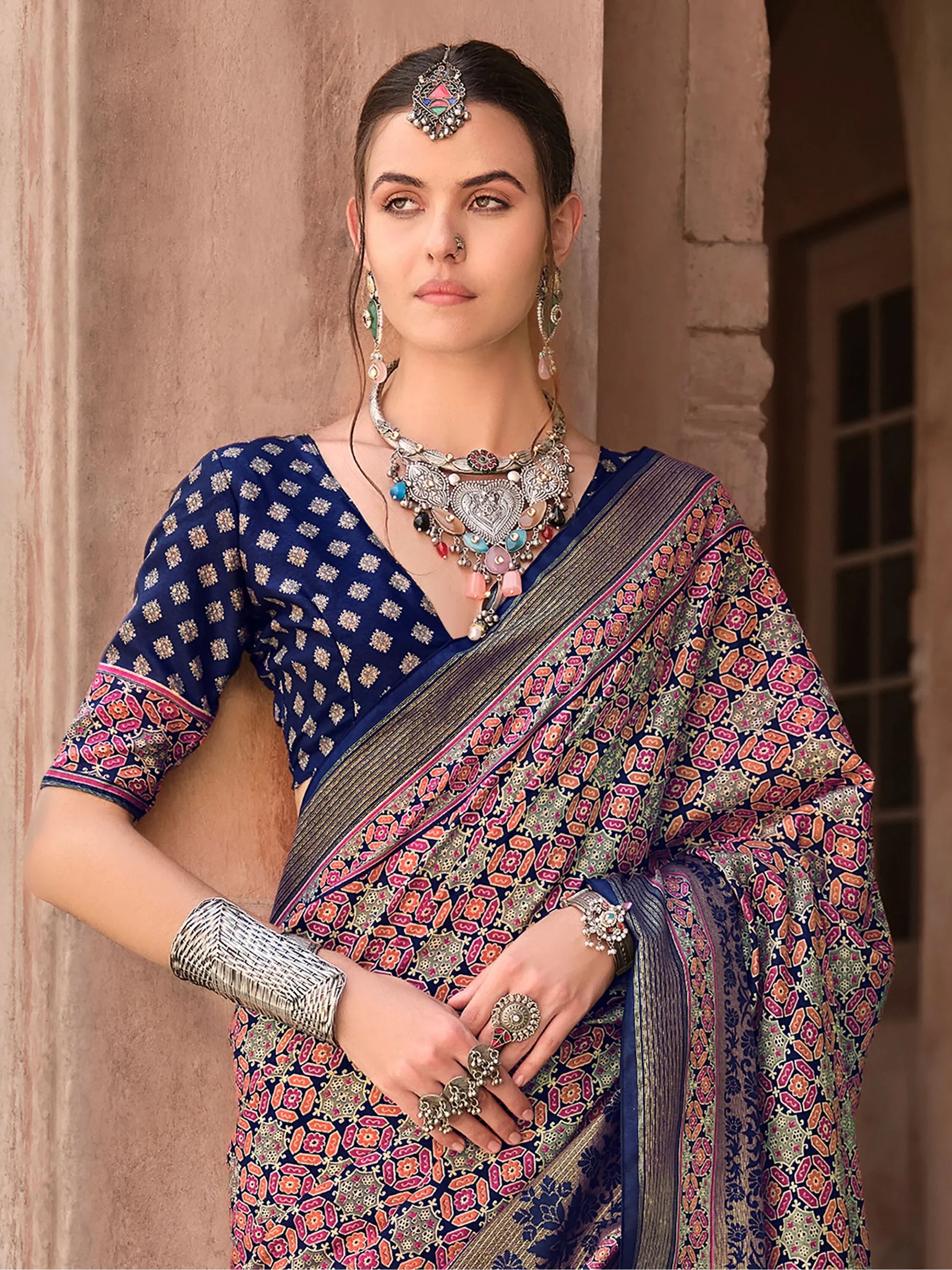 Marvelous Navy Blue Digital Printed Silk Event Wear Saree With Blouse - Zeel Clothing