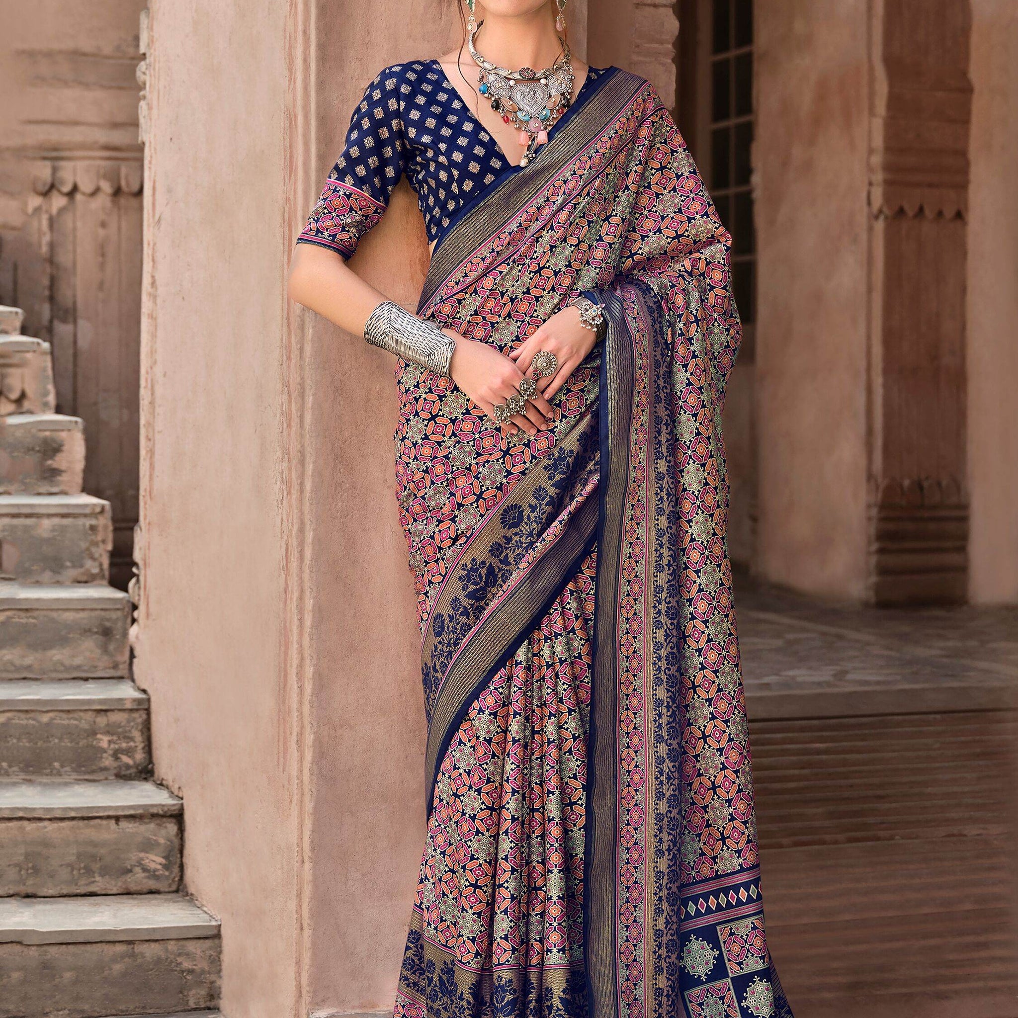Marvelous Navy Blue Digital Printed Silk Event Wear Saree With Blouse - Zeel Clothing