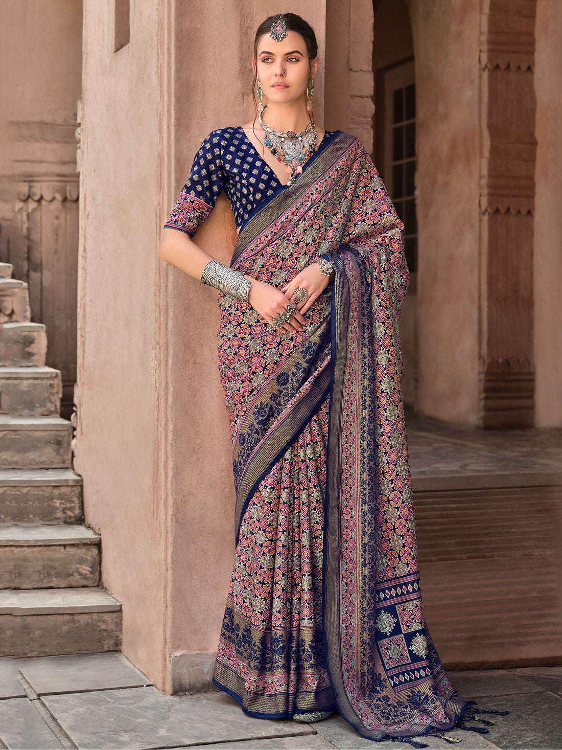Marvelous Navy Blue Digital Printed Silk Event Wear Saree With Blouse - Zeel Clothing