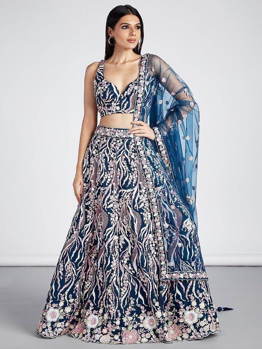 Marvelous Navy Blue Embroidered Net Lehenga Choli With Dupatta - Zeel Clothing