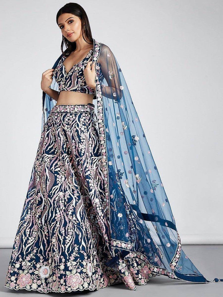 Marvelous Navy Blue Embroidered Net Lehenga Choli With Dupatta - Zeel Clothing
