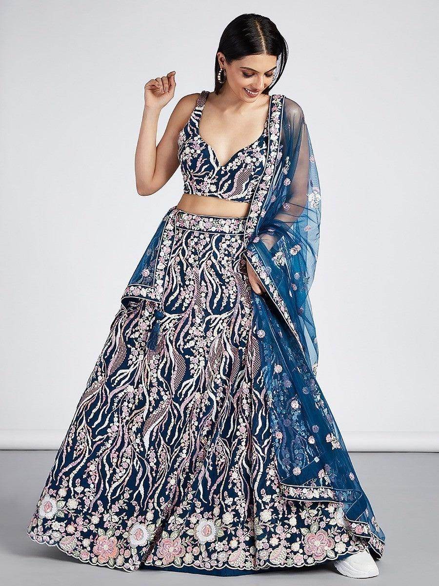Marvelous Navy Blue Embroidered Net Lehenga Choli With Dupatta - Zeel Clothing