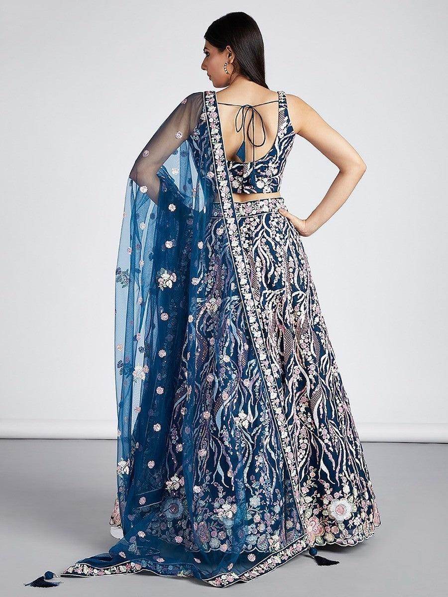 Marvelous Navy Blue Embroidered Net Lehenga Choli With Dupatta - Zeel Clothing