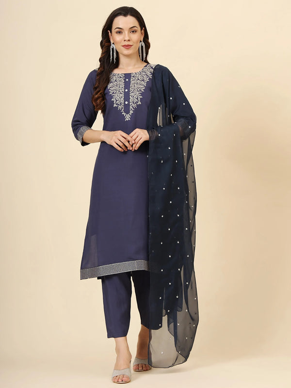 Marvelous Navy Blue Embroidered Silk Festival Wear Pant Suit - Zeel Clothing