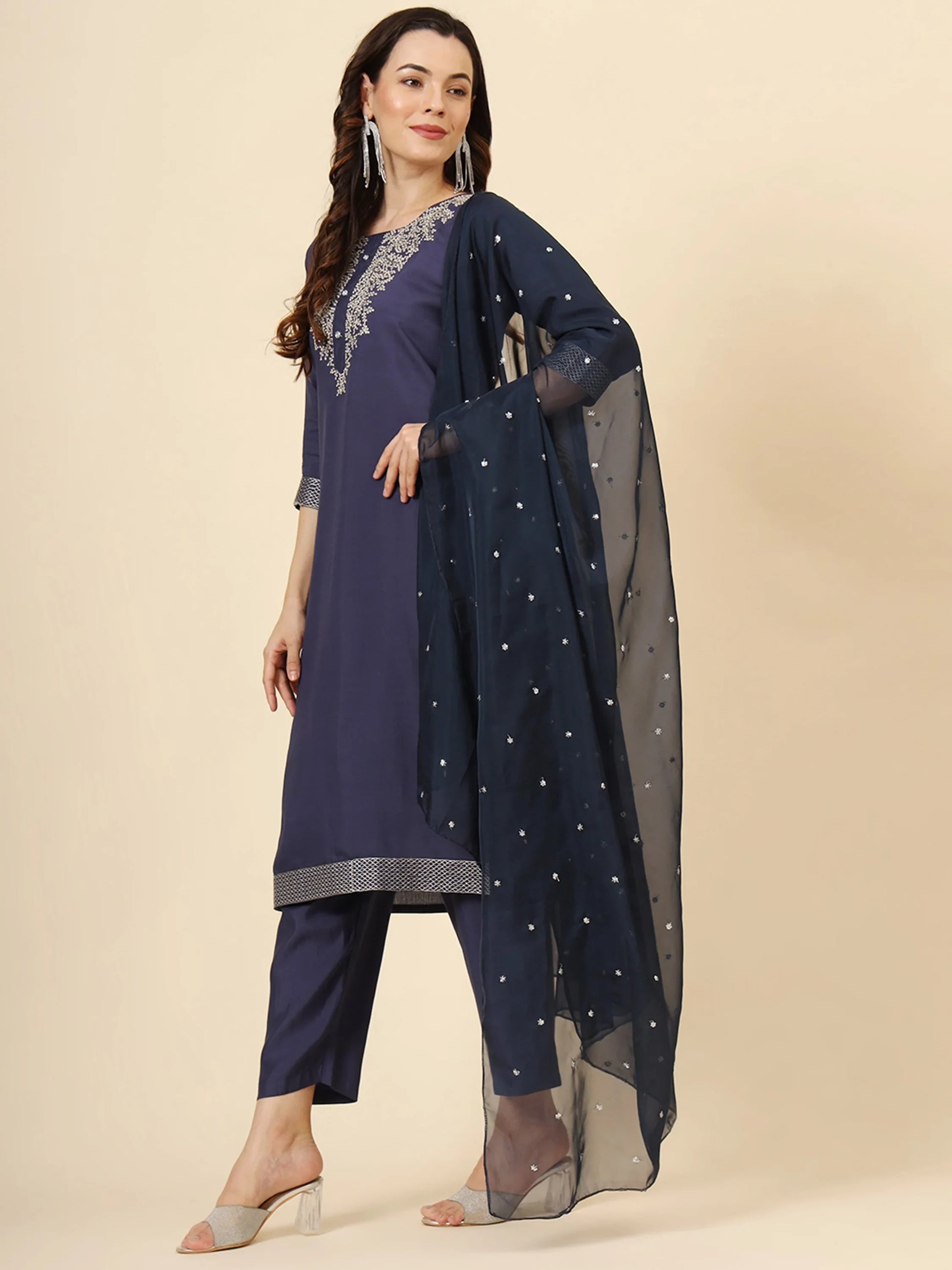 Marvelous Navy Blue Embroidered Silk Festival Wear Pant Suit - Zeel Clothing