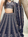 Marvelous Navy Blue Sequins Georgette Lehenga Choli With Dupatta - Zeel Clothing