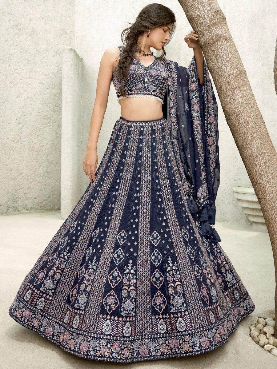 Marvelous Navy Blue Sequins Georgette Lehenga Choli With Dupatta - Zeel Clothing