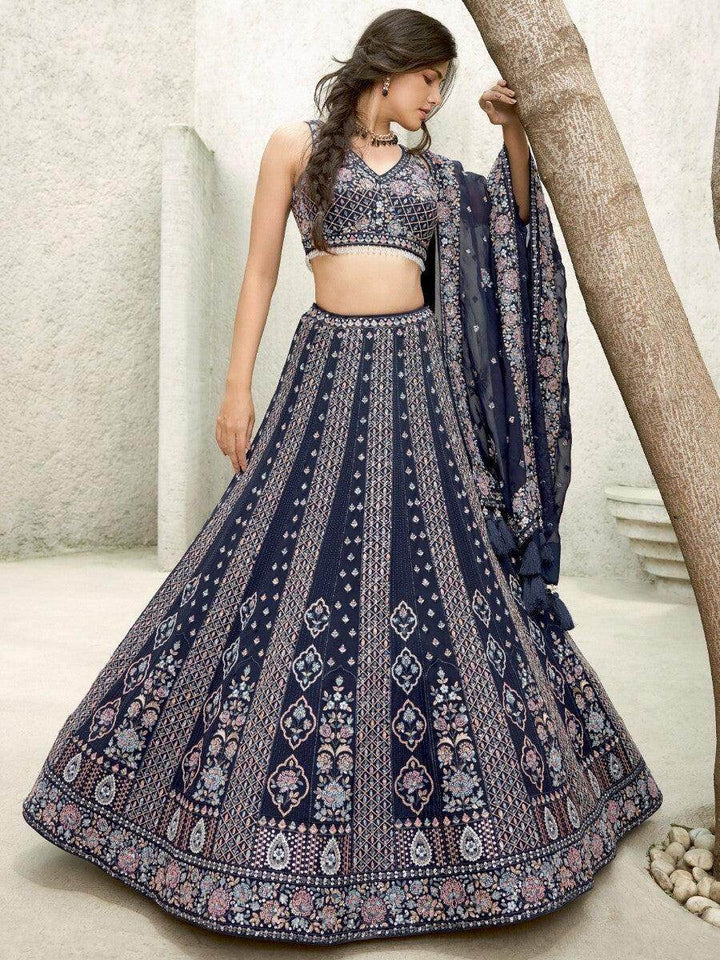 Marvelous Navy Blue Sequins Georgette Lehenga Choli With Dupatta - Zeel Clothing