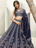 Marvelous Navy Blue Sequins Georgette Lehenga Choli With Dupatta - Zeel Clothing