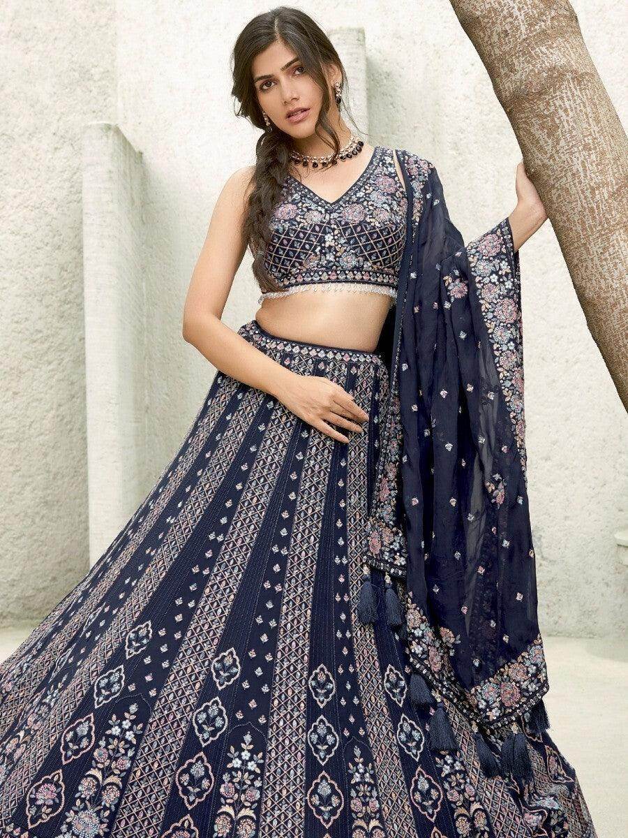 Marvelous Navy Blue Sequins Georgette Lehenga Choli With Dupatta - Zeel Clothing