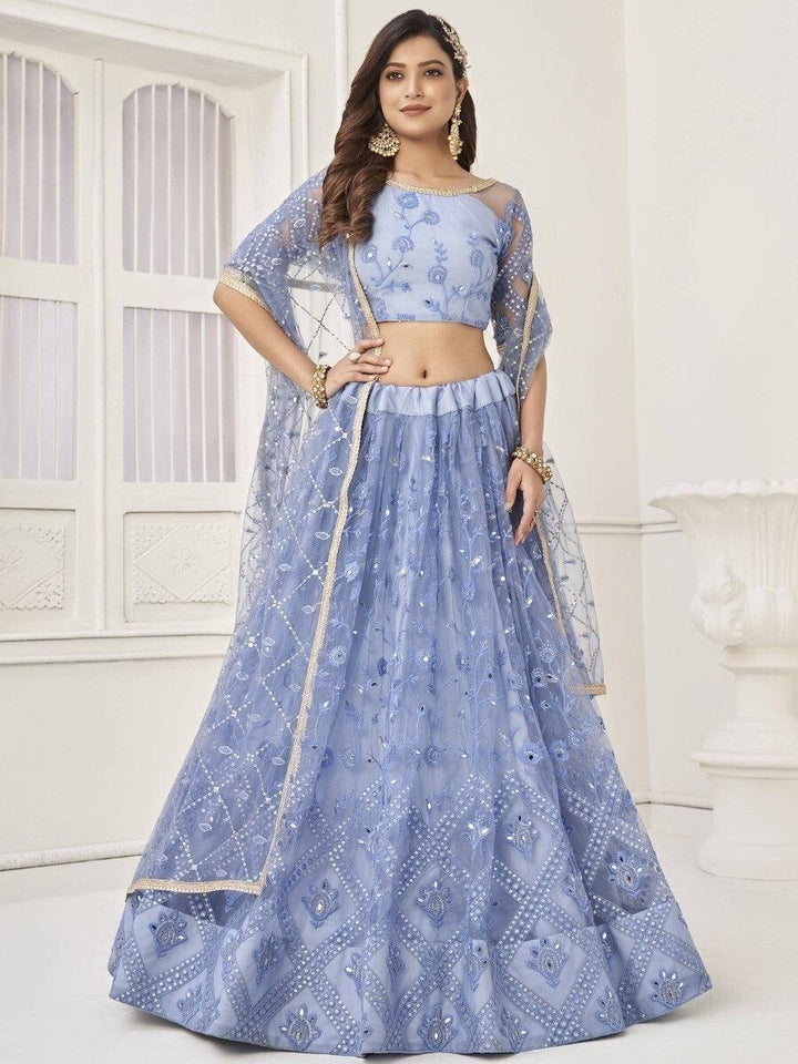 Marvelous Neon Blue Embroidered Net Lehenga Choli With Dupatta