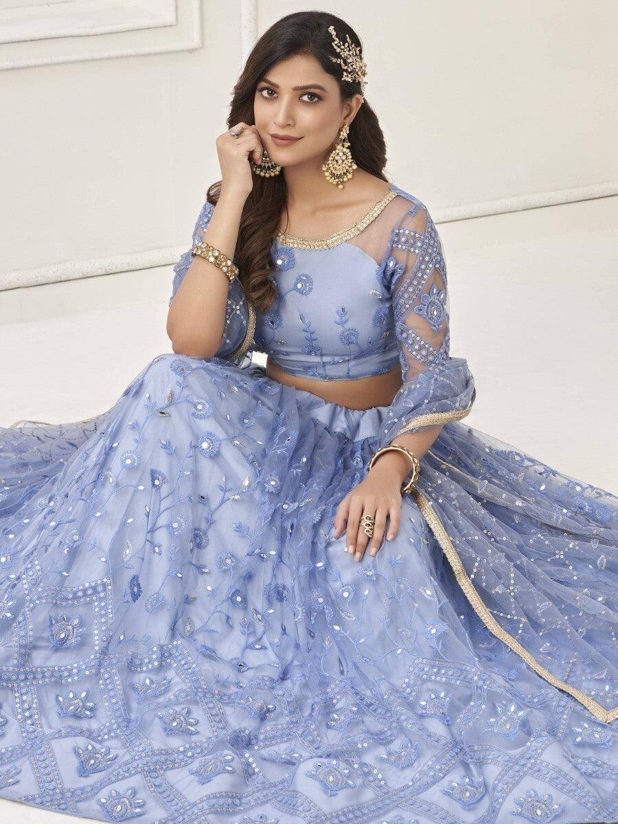 Marvelous Neon Blue Embroidered Net Lehenga Choli With Dupatta