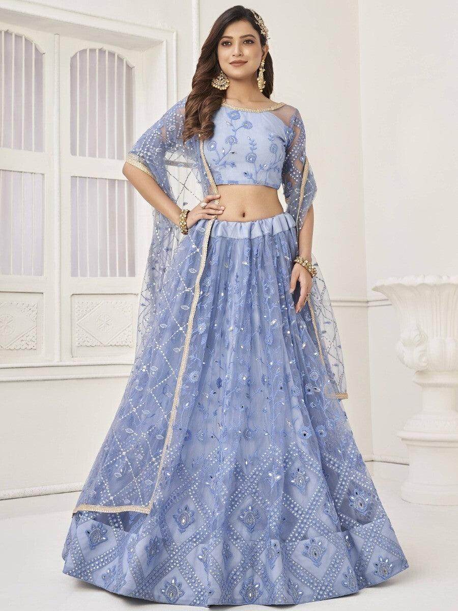Marvelous Neon Blue Embroidered Net Lehenga Choli With Dupatta - Zeel Clothing