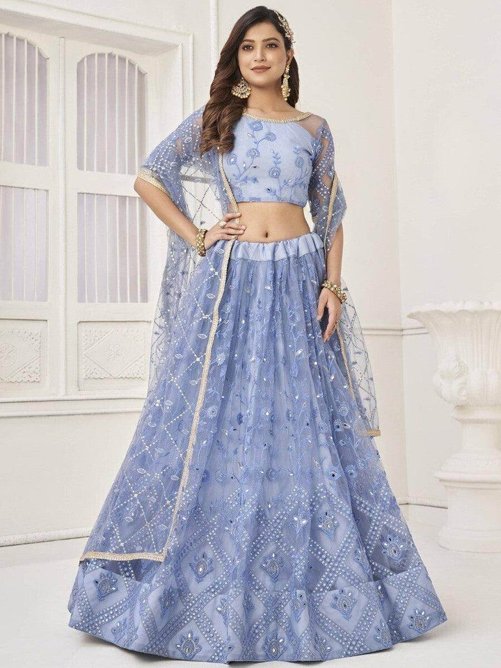 Marvelous Neon Blue Embroidered Net Lehenga Choli With Dupatta - Zeel Clothing