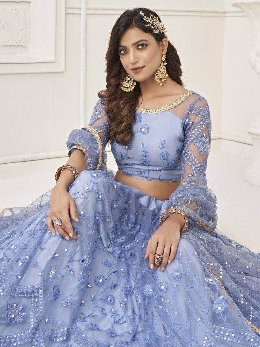 Marvelous Neon Blue Embroidered Net Lehenga Choli With Dupatta - Zeel Clothing
