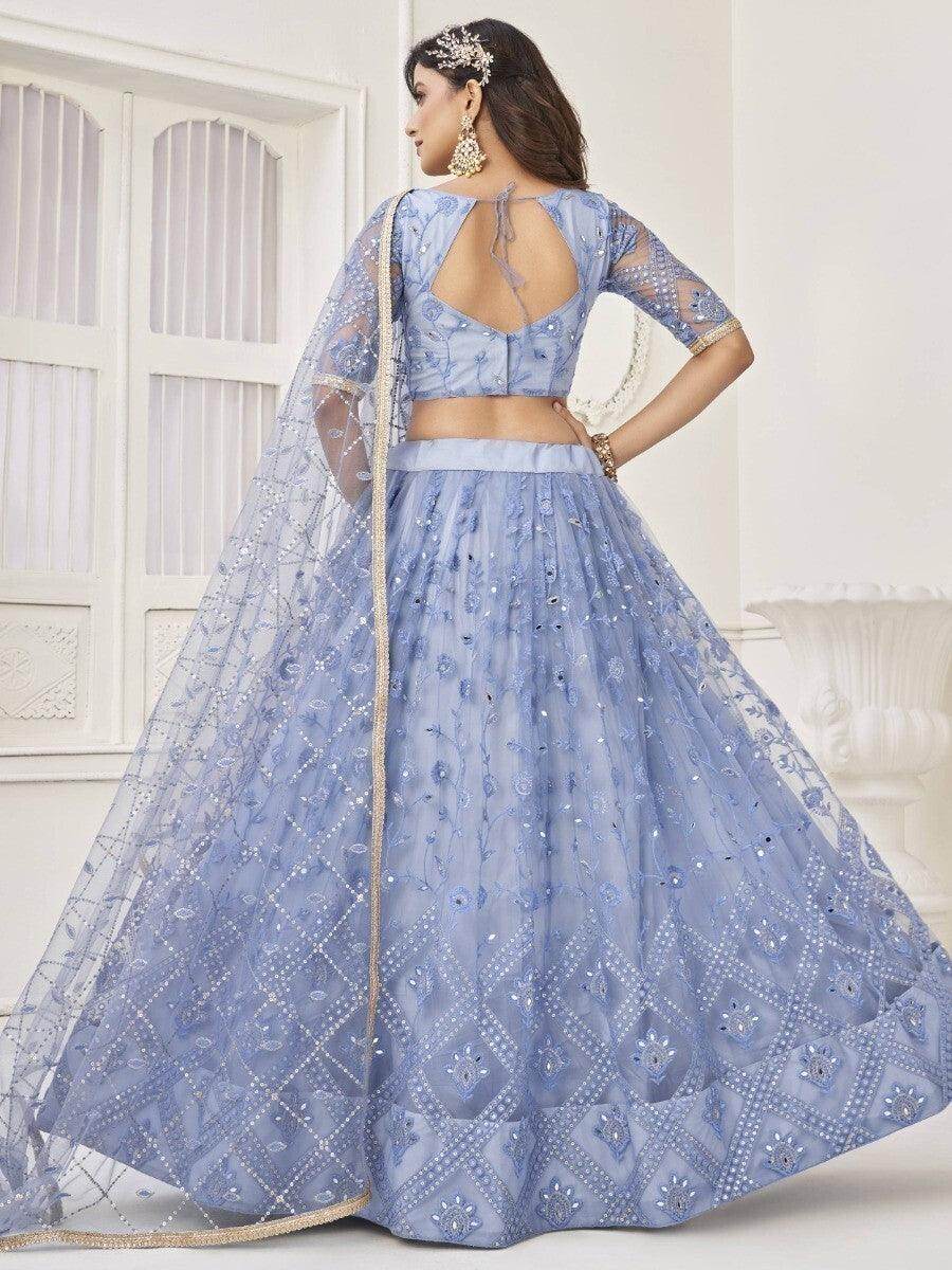 Marvelous Neon Blue Embroidered Net Lehenga Choli With Dupatta - Zeel Clothing