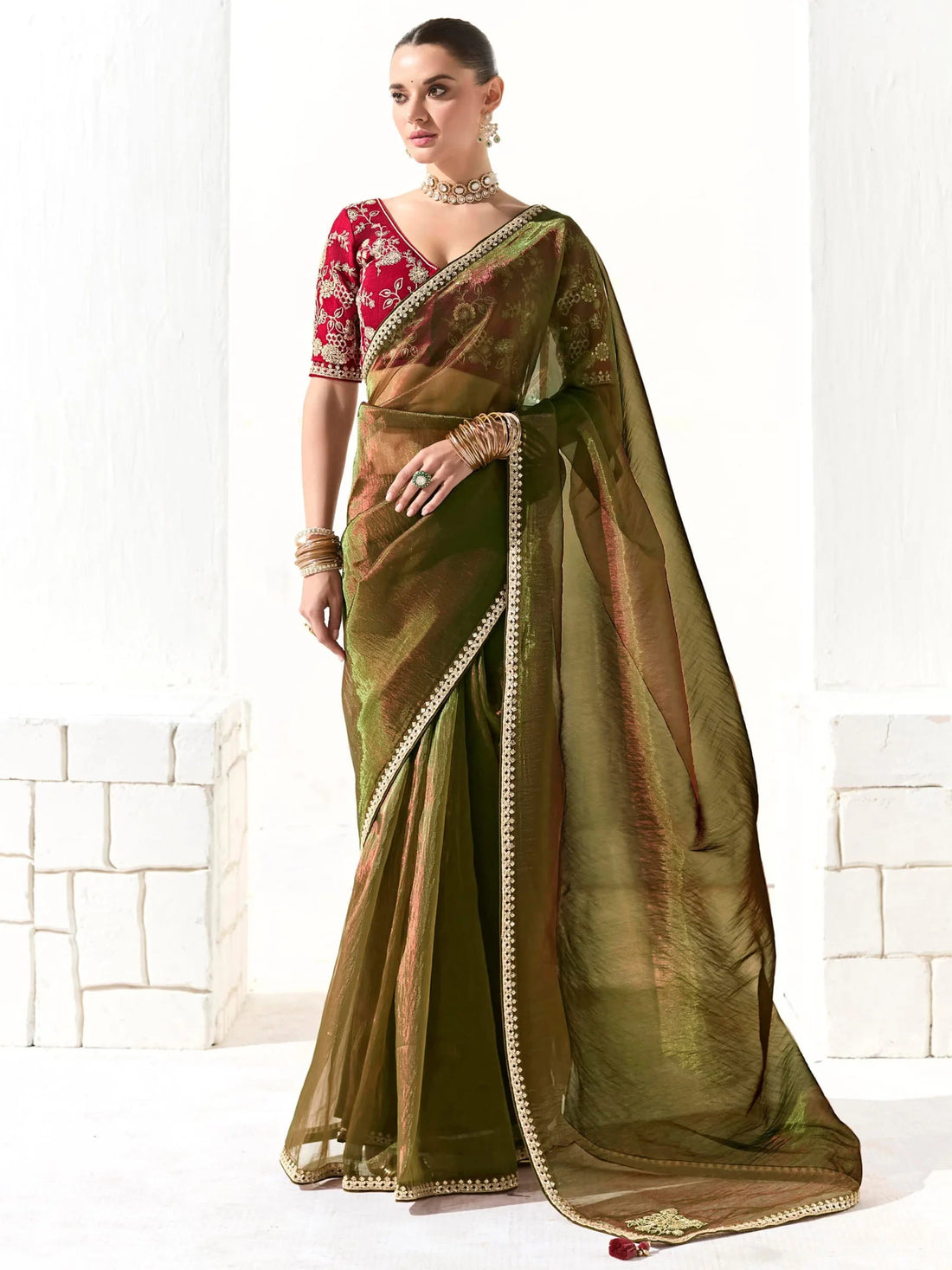 Marvelous Olive Green Border Work Tissue Silk Mehendi Wear Saree - Zeel Clothing