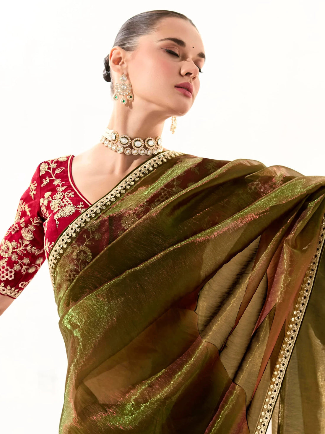 Marvelous Olive Green Border Work Tissue Silk Mehendi Wear Saree - Zeel Clothing