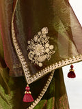 Marvelous Olive Green Border Work Tissue Silk Mehendi Wear Saree - Zeel Clothing