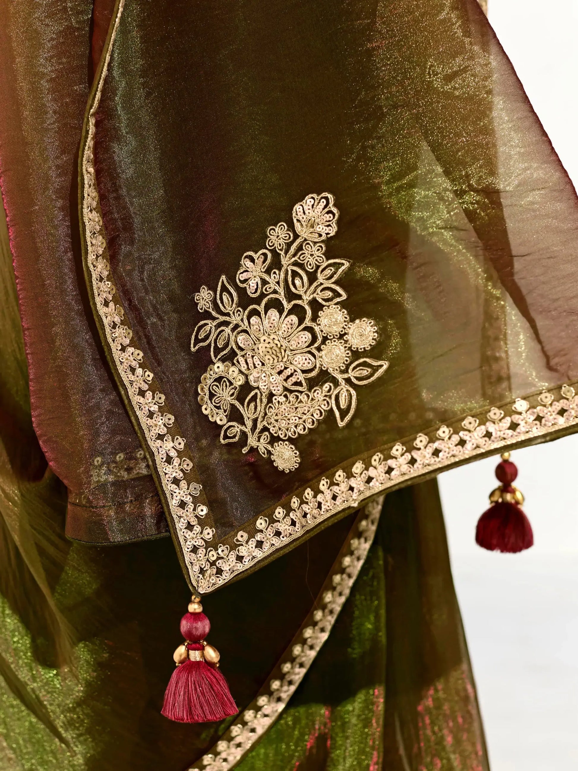 Marvelous Olive Green Border Work Tissue Silk Mehendi Wear Saree - Zeel Clothing