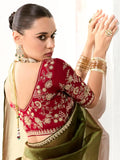 Marvelous Olive Green Border Work Tissue Silk Mehendi Wear Saree - Zeel Clothing