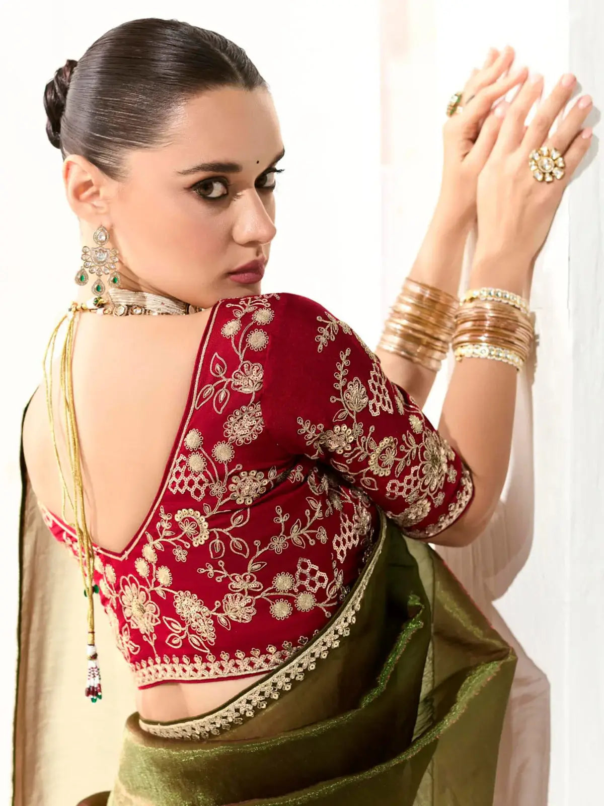 Marvelous Olive Green Border Work Tissue Silk Mehendi Wear Saree - Zeel Clothing