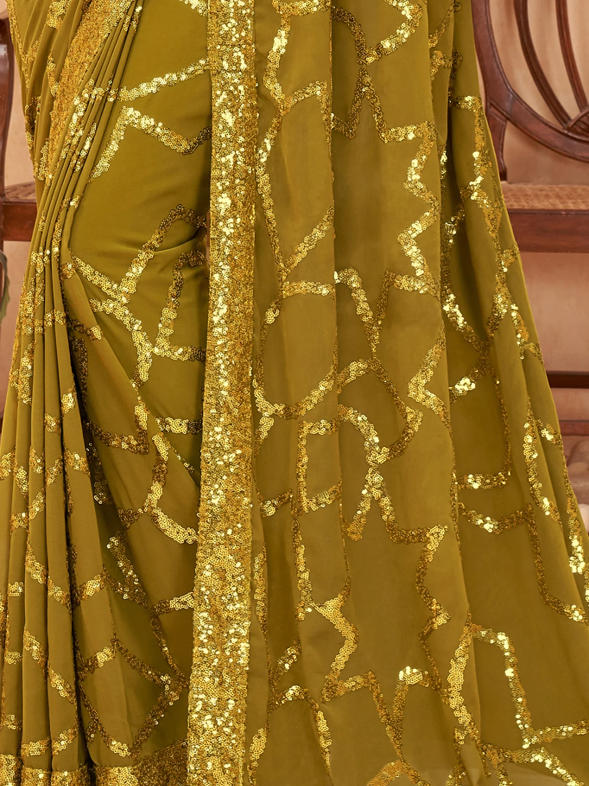 Marvelous Olive Green Sequins Georgette Mehendi Wear Saree - Zeel Clothing