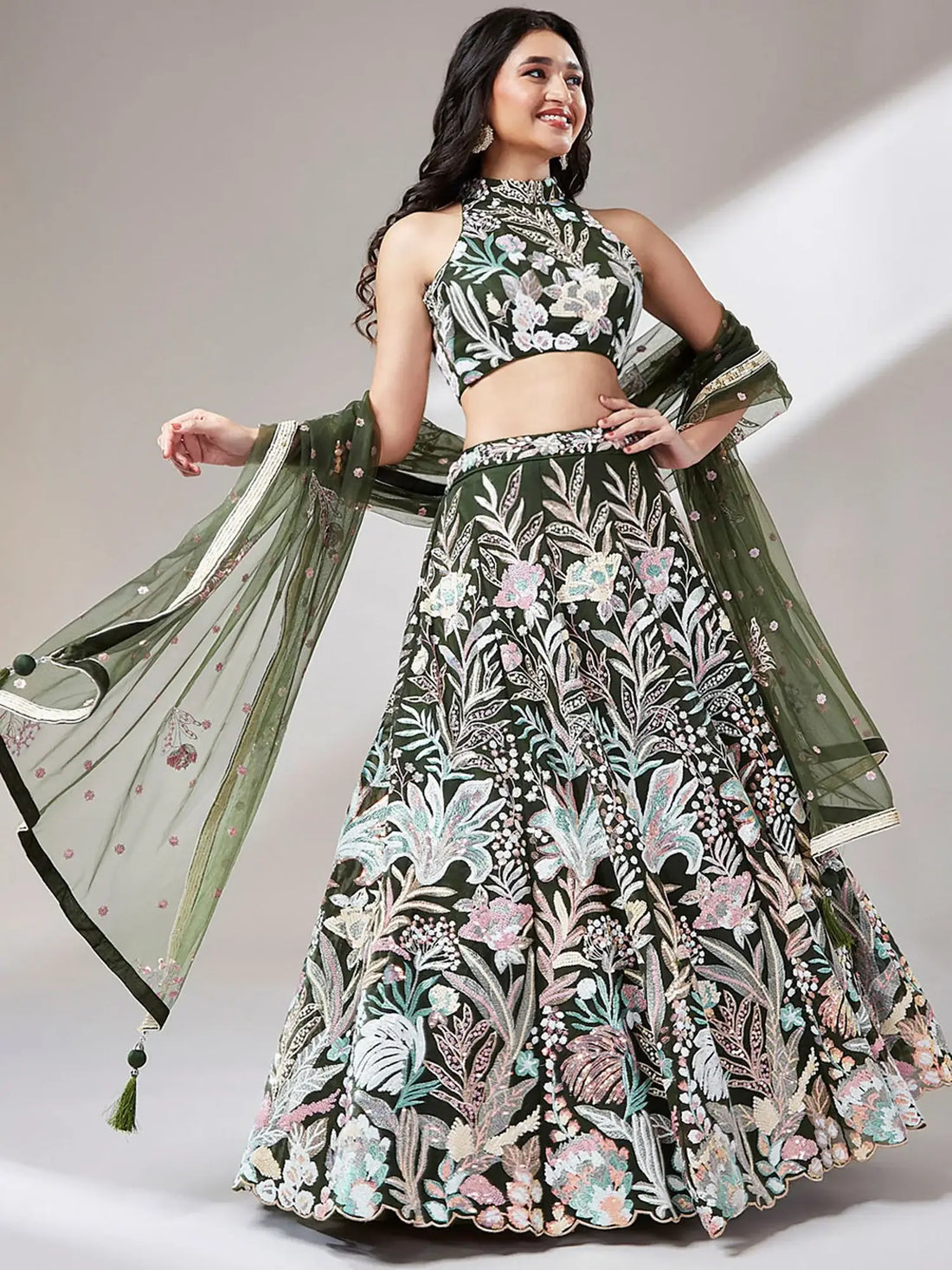 Marvelous Olive Green Sequins Net Mehendi Wear Lehenga Choli - Zeel Clothing
