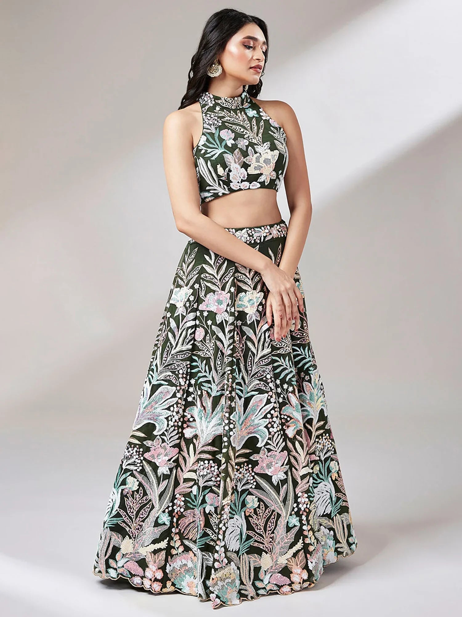 Marvelous Olive Green Sequins Net Mehendi Wear Lehenga Choli - Zeel Clothing