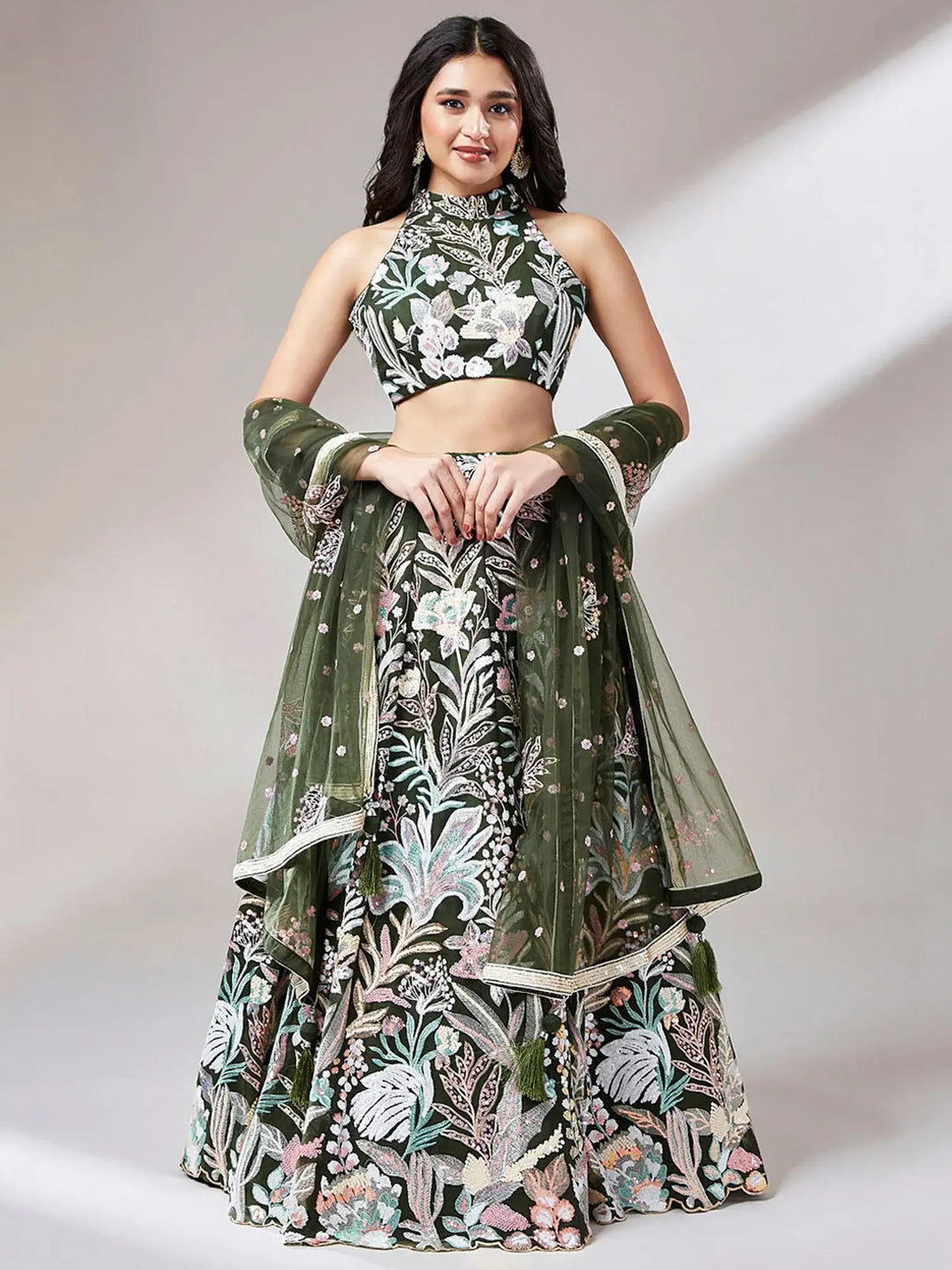 Marvelous Olive Green Sequins Net Mehendi Wear Lehenga Choli - Zeel Clothing