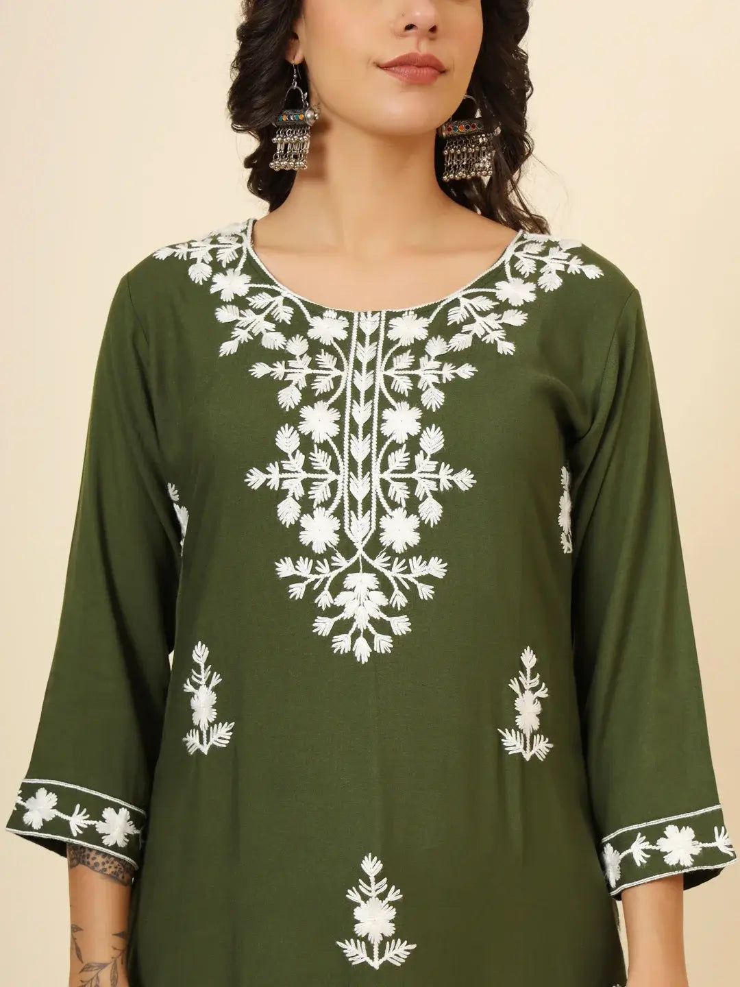 Marvelous Olive Green Thread Embroidery Rayon Traditional Kurti - Zeel Clothing