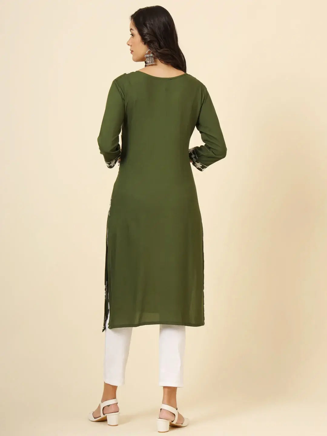Marvelous Olive Green Thread Embroidery Rayon Traditional Kurti - Zeel Clothing