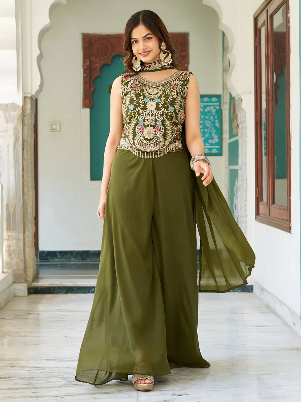 Marvelous Olive Green Thread Work Georgette Mehendi Wear Palazzo Suit - Zeel Clothing